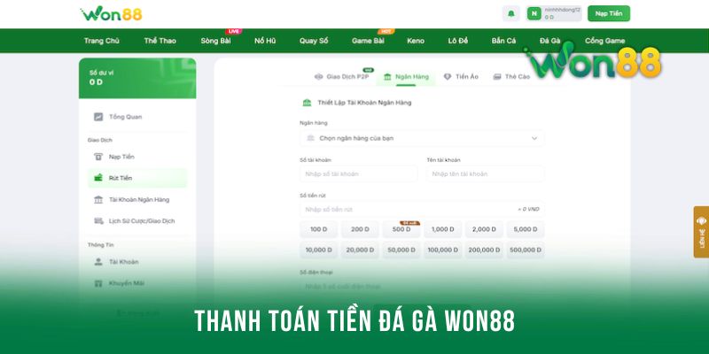 Cách thức thanh toán tiền thưởng đá gà Won88