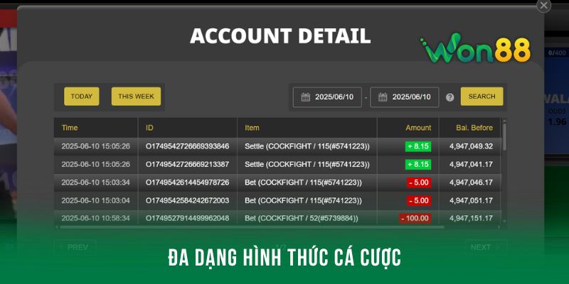Các hình thức đá gà Won88 đa dạng